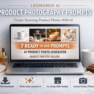 May include: A laptop displays product photography examples, with text reading "PRODUCT PHOTOGRAPHY PROMPTS." A lit candle, a mug, and a wallet are on the table. The image promotes AI product photo generation for Etsy sellers. The text also says "DIGITAL Download."