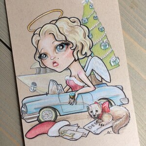 Santa Bambino Madonna grandi occhi carino Natale originale matita illustrazione