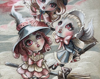 Drawlloween Lolita Witch Coven kawaii cute big eyes gothic witches red moon original pencil illustration