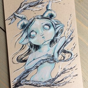 Frost Fairy big eyes gothic horned demon fae original pencil illustration