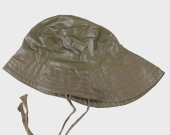 Vintage Military Issue Slicker Hat - Waterproof Vinyl Sou'wester Rain Cap with Chin Strap