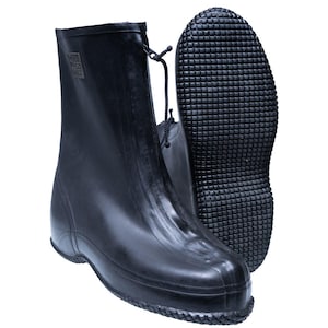 May include: A pair of black rubber overshoes featuring a front zip closure with a cord pull. The boots have a smooth upper surface and a thick, textured, grid-patterned sole designed for traction. A small square logo is visible on the side.