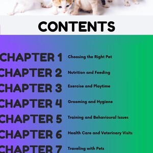 Pu&ograve; includere: Un gruppo di adorabili gattini di vari colori, tra cui bianco, arancione e nero, sono presenti nella parte superiore dell'immagine. Sotto, la parola "CONTENTS" &egrave; visualizzata in grassetto. L'immagine elenca anche capitoli sulla cura degli animali.