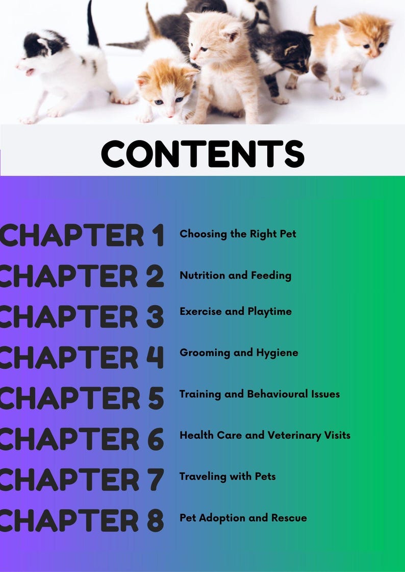 Pu&ograve; includere: Un gruppo di adorabili gattini di vari colori, tra cui bianco, arancione e nero, sono presenti nella parte superiore dell'immagine. Sotto, la parola "CONTENTS" &egrave; visualizzata in grassetto. L'immagine elenca anche capitoli sulla cura degli animali.