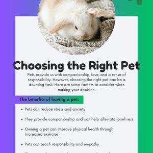 Pu&ograve; includere: Infografica intitolata "Scegliere l'animale domestico giusto" con un coniglio e testo che illustra i vantaggi di avere un animale domestico, come la riduzione dello stress e la compagnia. Il design utilizza uno sfondo sfumato viola e verde.