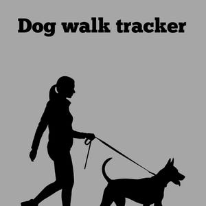 Könnte beinhalten: Schwarze Silhouette einer Person, die einen Hund an der Leine führt. Der Text „Dog walk tracker“ befindet sich oben im Bild. Der Hintergrund ist einfarbig grau. Der Hund ist mittelgroß.