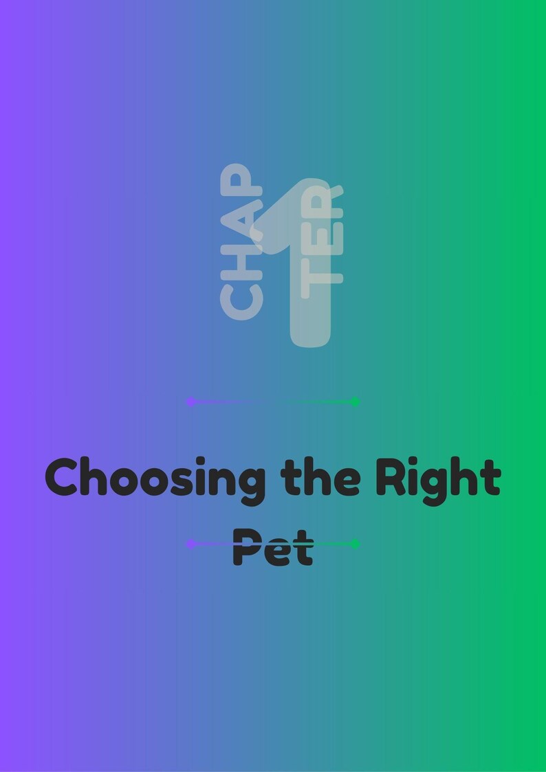 Pu&ograve; includere: Uno sfondo sfumato dal viola al verde. Il testo "CHAP 1 TER" &egrave; impilato verticalmente in un colore chiaro. Sotto, il testo "Choosing the Right Pet" &egrave; visualizzato in grassetto e scuro.