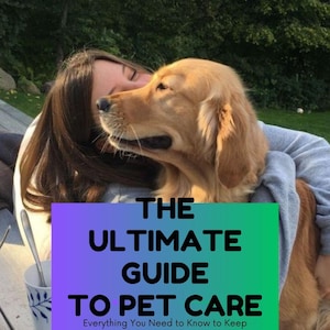 Pu&ograve; includere: Una persona abbraccia un cane golden retriever, con la testa del cane appoggiata sulla spalla della persona. Una sovrapposizione grafica mostra "THE ULTIMATE GUIDE TO PET CARE" con il tagline "Everything You Need to Know to Keep Your Pet Happy and Healthy."
