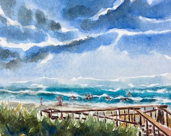 One fine day at the beach. Original one of a kind watercolor painting. One of a kind art.