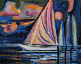 Original acrylic painting on primed canvas. Whimsical evening sailboats.