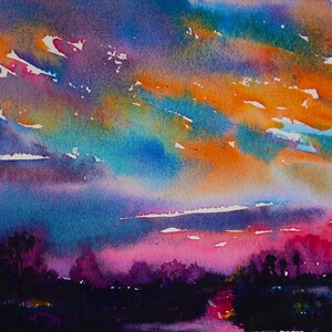 May include: Watercolor painting of a sunset with vibrant orange, blue, and purple hues. The sky is filled with clouds, and the horizon is silhouetted with trees.