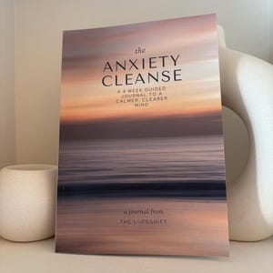 Peut inclure: Un journal intitulé "The Anxiety Cleanse" avec une image de coucher de soleil sur la couverture. Le texte de la couverture indique "A 4 Week Guided Journal to a Calmer, Clearer Mind" et "a journal from THE L-IFESHIFT". Le journal est posé sur une étagère blanche.