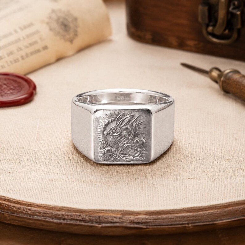 Sitting Rabbit Template Three-legged Rabbit Sun Signet Ring in Sterling Silver 14K Gold ...