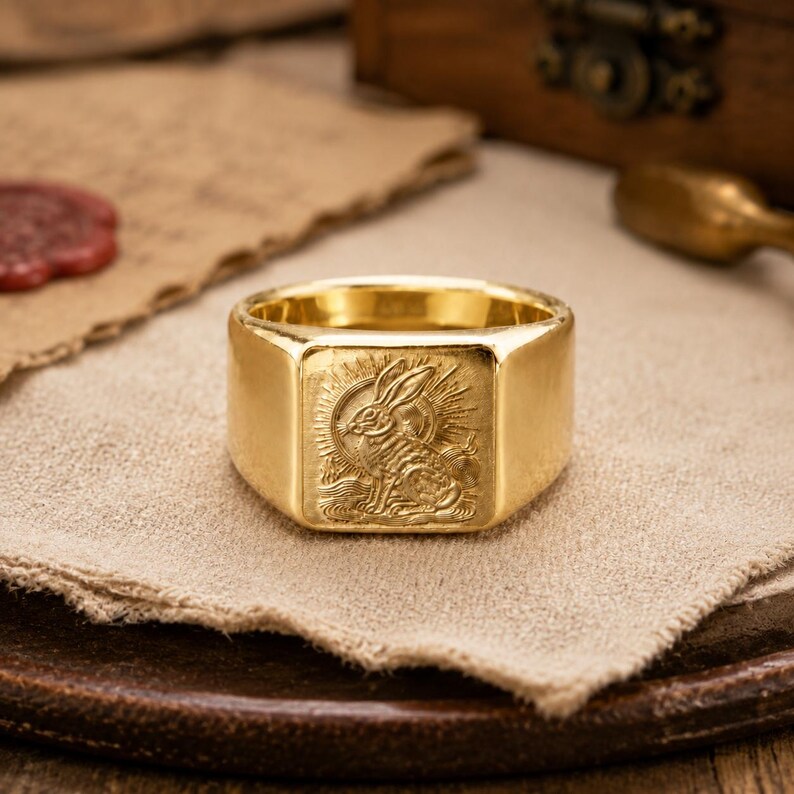 Sitting Rabbit Template Three-legged Rabbit Sun Signet Ring in Sterling Silver 14K Gold ...