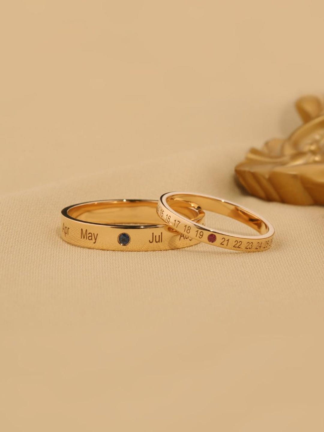 Custom Date & Birthstone Engraved Wedding Band Set | Promise Engagement ...