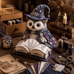 Puede incluir: Una figura de búho de tela acolchada que lleva un sombrero de mago azul oscuro con estampado de estrellas, una hebilla y un dije de estrella colgante. El búho se asienta sobre un libro abierto de páginas blancas con un botón central.