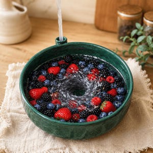 Puede incluir: Un cuenco de cerámica verde oscuro lleno de agua y una mezcla de fresas, arándanos y moras frescas. Un chorro constante de agua cae en el cuenco, creando un remolino en el centro del recipiente lleno de frutas.