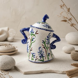 Peut inclure: Un sucrier en céramique blanche à la finition mouchetée, orné de motifs floraux bleus et de tiges vertes peints à la main. Le récipient possède deux anses bleues incurvées et un couvercle assorti avec un petit bouton pointu sur le dessus.