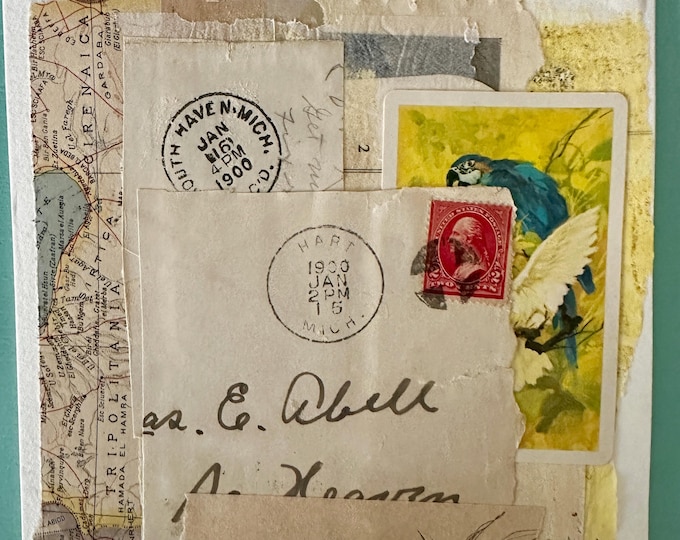 Featured listing image: Framed Mixed Media Collage: Vintage Papers, Hand-Painted Birds, Postmarks