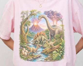 レトロな恐竜リバーTシャツ、ヴィンテージ先史時代の自然シャツ、ステゴサウルス・ブロントサウルス恐竜Tシャツ、コンフォートカラーズ恐竜好きのためのギフトシャツ