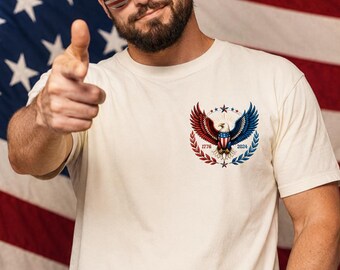 7月4日250周年記念シャツ、愛国的なイーグルシャツ、フリーダム・アメリカン・セレブレーションシャツ、250周年記念シャツ、コンフォートカラーズUSAギフトTシャツ