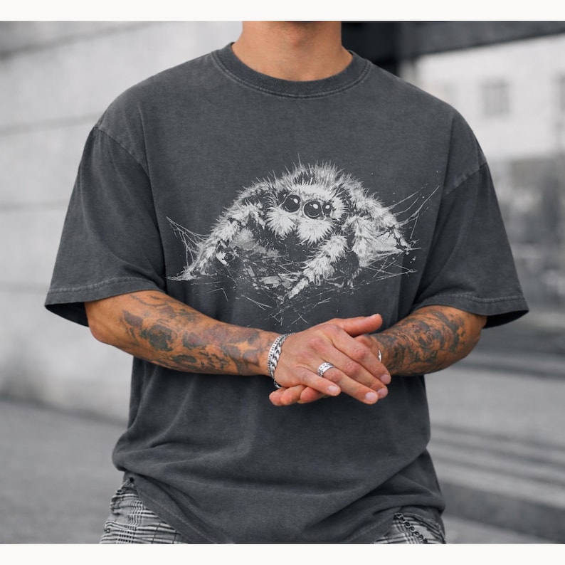 Pu&ograve; includere: T-shirt grigio scuro con una grande grafica di ragno bianco. Il ragno &egrave; al centro, con le sue zampe e il design della ragnatela visibili. La maglietta ha un aspetto vintage e usurato.