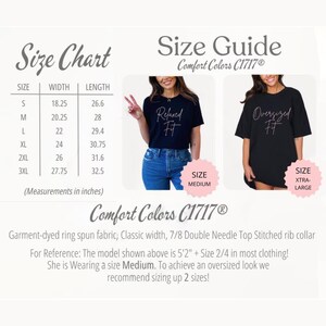 Puede incluir: Tabla de tallas y gu&iacute;a de tallas para camisetas Comfort Colors C1717&reg;. La tabla muestra las medidas en pulgadas para las tallas S a 3XL. La gu&iacute;a de tallas muestra dos modelos que llevan camisetas con el texto "Relaxed Fit" y "Oversized Fit".