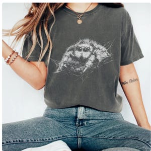 Pu&ograve; includere: T-shirt grigio scuro con un'illustrazione in bianco e nero di un ragno saltatore. Il ragno &egrave; il punto focale, con dettagli intricati del suo corpo e dei suoi occhi. La maglietta &egrave; abbinata a jeans blu.