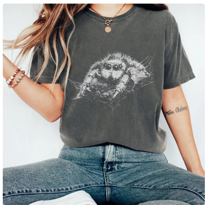 Pu&ograve; includere: T-shirt grigio scuro con un'illustrazione in bianco e nero di un ragno saltatore. Il ragno &egrave; il punto focale, con dettagli intricati del suo corpo e dei suoi occhi. La maglietta &egrave; abbinata a jeans blu.