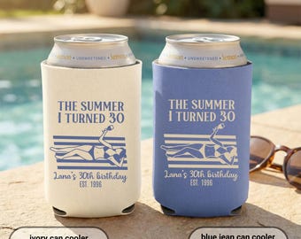 El verano en que cumplí 30 Enfriador de latas, enfriador personalizado para cumpleaños número 30, recuerdo personalizado para fiesta de cumpleaños, funda para bebidas para viaje de chicas ¡Brindemos por los 30!