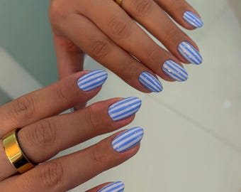 Blue White Striped Almond Press On Nails | Nautical Summer Beach Fake Nails