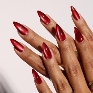 Ruby Red Cat Eye Almond Press On Nails | Velvet Shimmer Fake Nails