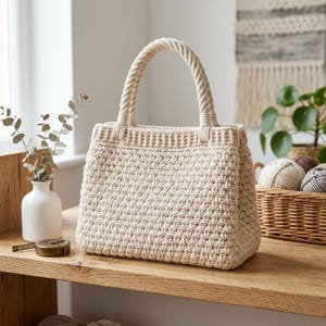 Könnte beinhalten: Eine cremefarbene, handgehäkelte Tragetasche mit Seilgriffen. Die Tasche hat ein strukturiertes Stichmuster und eine rechteckige Form. Die Griffe sind dick und robust. Die Tasche steht auf einem Holzregal.