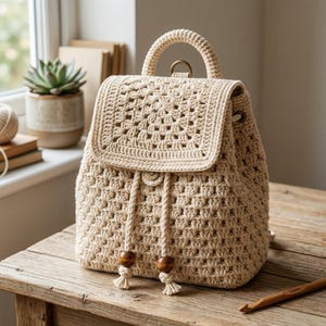 May include: A beige crochet backpack with a flap closure and a handle. The bag features a drawstring closure with wooden beads and a decorative button. The crochet pattern is visible throughout the bag, and it sits on a wooden surface.