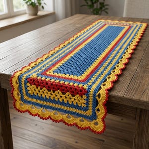 May include: A rectangular, hand-crocheted table runner with a vibrant color scheme. The runner features a blue center, bordered by yellow and red stripes, and a scalloped yellow edge. The intricate crochet work adds texture and visual interest to the decorative piece.