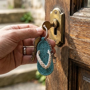 May include: A teal crochet flip-flop keychain featuring a braided off-white strap, attached to a silver-toned metal split ring and a lobster clasp, hanging alongside a standard metal key inserted into a brass door lock mechanism.