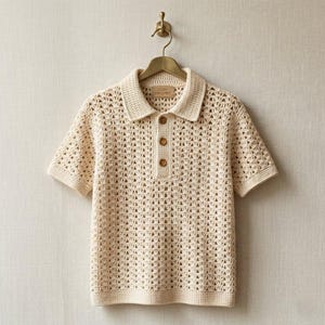 May include: Cream-colored crochet polo shirt with short sleeves and a collared neckline. The shirt features a three-button placket and is hanging on a wooden hanger. The open weave design is visible throughout the shirt.