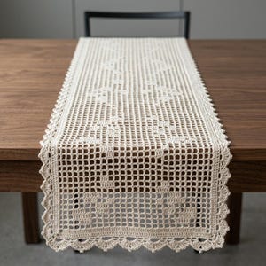 May include: Cream-colored, rectangular crochet table runner with a detailed openwork design. The runner is placed on a dark wooden table, showcasing its intricate patterns and scalloped edges. A decorative piece for dining or home decor.