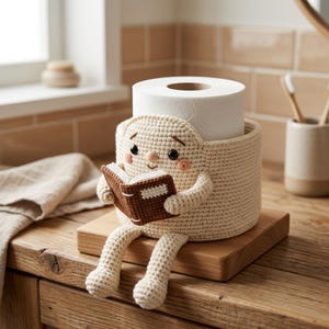 May include: A whimsical, crocheted toilet paper holder shaped like a character reading a book. The beige holder has a face with rosy cheeks and holds a brown book. The holder sits on a wooden base, adding a touch of charm to bathroom decor.