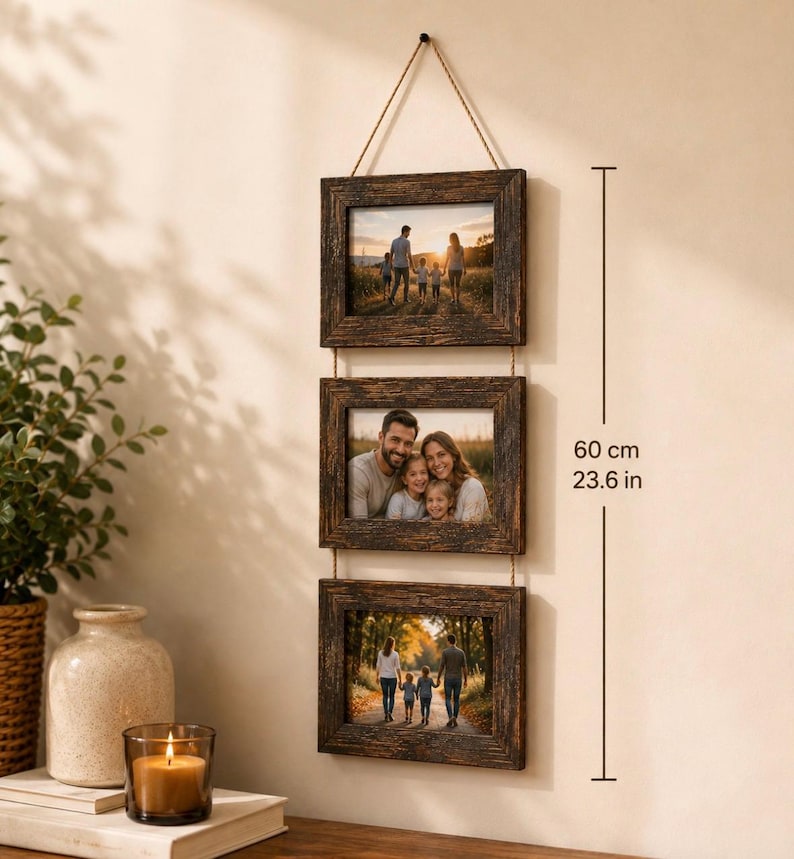 Rustikale Fotocollage aus Holz zum Aufhängen, 3 oder 4 Rahmen, für Familienfotos im Format 4x6, Wanddekoration im Landhausstil 3 Frames