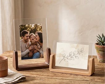 Minimalist Acrylic Wood Photo Frame | Scandinavian Clear Picture Display Stand | Boho Modern Desk Decor | Pet Family Memory Gift (Single)