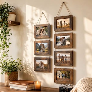 Peut inclure: Deux présentoirs muraux verticaux composés de cadres en bois brun foncé reliés par de la ficelle. Le présentoir de gauche contient trois cadres horizontaux et celui de droite quatre, chacun contenant des photographies de familles en extérieur.