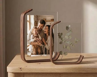 Minimalist Acrylic Frame Floating Walnut-Finish Tabletop Picture Display | Mid-Century Modern Home Decor | Unique Anniversary Gift (Single)