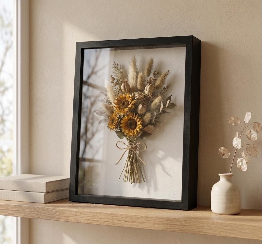 Cadre vintage français, fleurs séchées, décoration de cadre