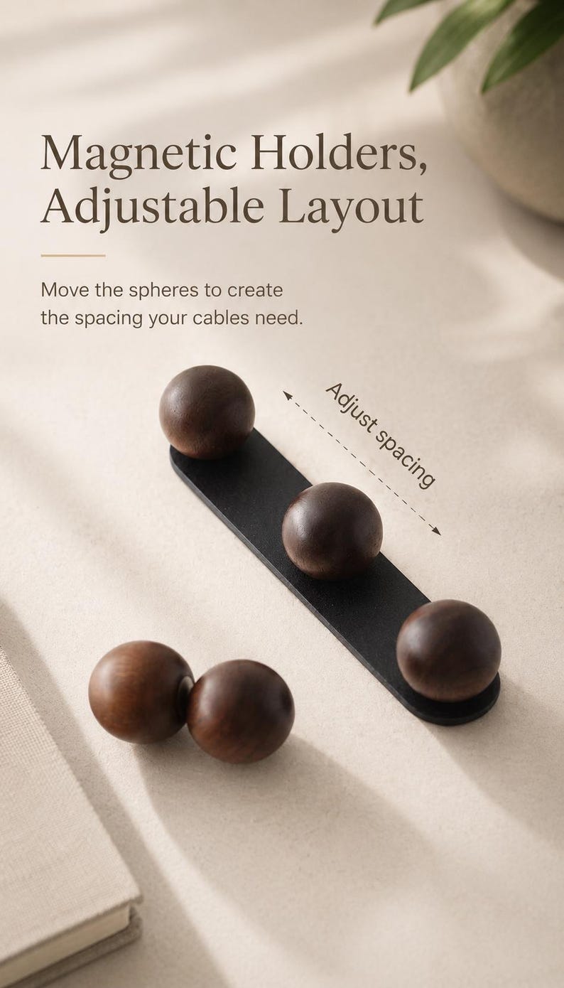 May include: A cable management system featuring a black rectangular base and dark brown wooden spheres. The text reads: Magnetic Holders, Adjustable Layout. Move the spheres to create the spacing your cables need. Adjust spacing.