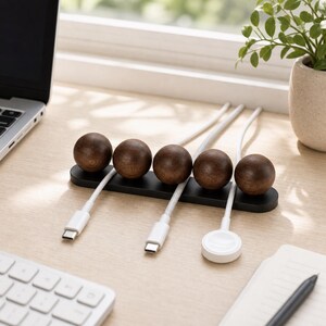 May include: A black rectangular cable organizer base featuring five dark brown wooden spheres arranged in a row. Three white charging cables are held in place by the spheres, including two USB-C connectors and one circular magnetic charger.