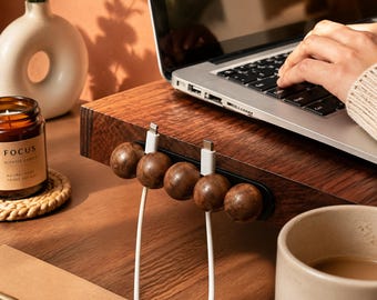Walnut Magnetic Cable Organizer, Wooden Cord Holder, Multiple Slots Desk Accessory