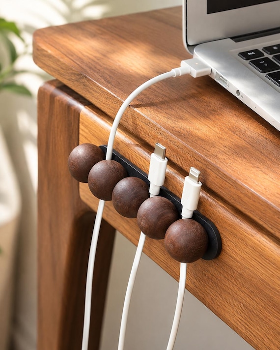 Walnut Magnetic Cable Organizer for Desk, Wooden Cord Holder, Minimalist Cable Management, Tech Gift