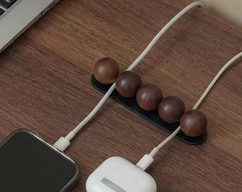 Magnetic Walnut Cable Organizer for Desk, Wooden Cord Holder