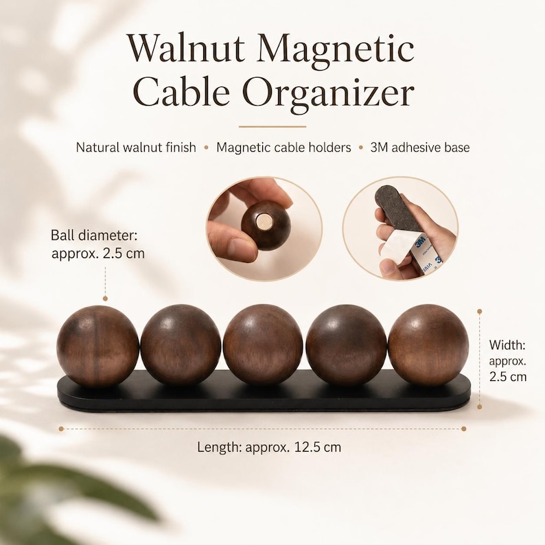 May include: A Walnut Magnetic Cable Organizer featuring five dark brown wooden spheres on a black base. The text reads Walnut Magnetic Cable Organizer, Natural walnut finish, Magnetic cable holders, 3M adhesive base. Ball diameter is 2.5 cm, width 2.5 cm, length 12.5 cm.